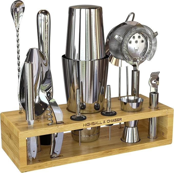 Highball & Chaser 13-Piece Boston Cocktail Shaker Set Stainless Steel Mixology Bartender Kit With Stand For Home Bar Cocktail Set | Laser Engraved Cocktail Tools | Plus E-Book with 30 Cocktail Recipes-Ruum Studio Home
