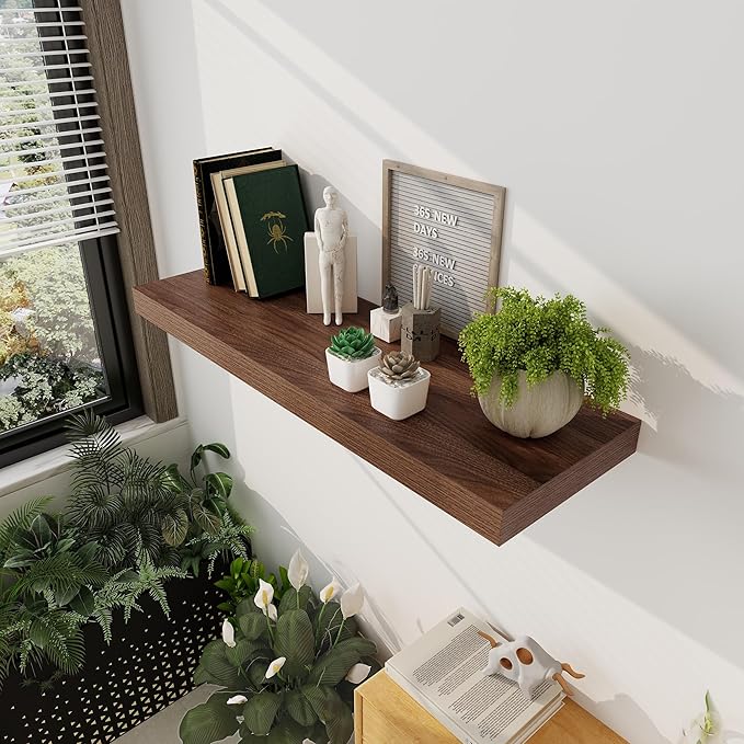 Floating Shelves 36 Inch Long, 12 Inch Deep Floating Shelves for Wall, 36 x 12 Shelves for Wall Storage & Display, 2" Thick Floating Shelf for Bathroom, Living Room, Bedroom, Walnut Color, Set of 2-Ruum Studio Home