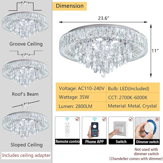 23.6'' Modern Crystal Chandeliers LED Dimmable Flush Mount Ceiling Chandeliers for Living Room Entrance Foyer Bedroom Silver-Ruum Studio Home