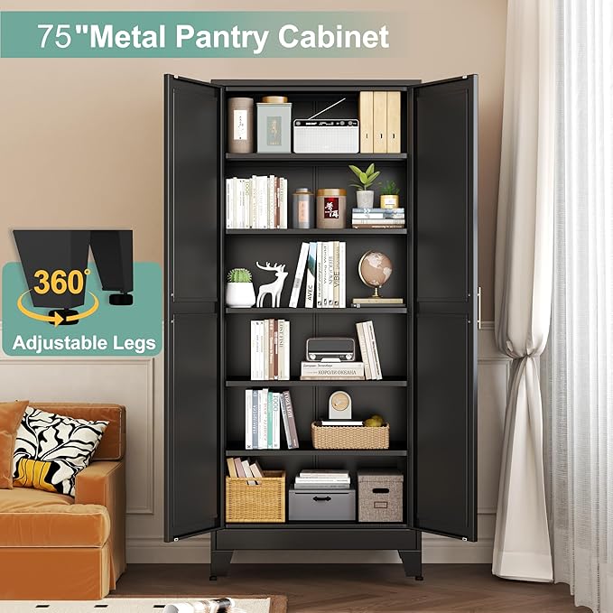 Metal Pantry Cabinet with 2 Doors and 5 Adjustable Shelves, 75" Kitchen Storage cabinets with Gold Handles, Versatile Storage for Laundry Room, Living Room, Bathroom, Dinning Room, Utility Room-Black-Ruum Studio Home