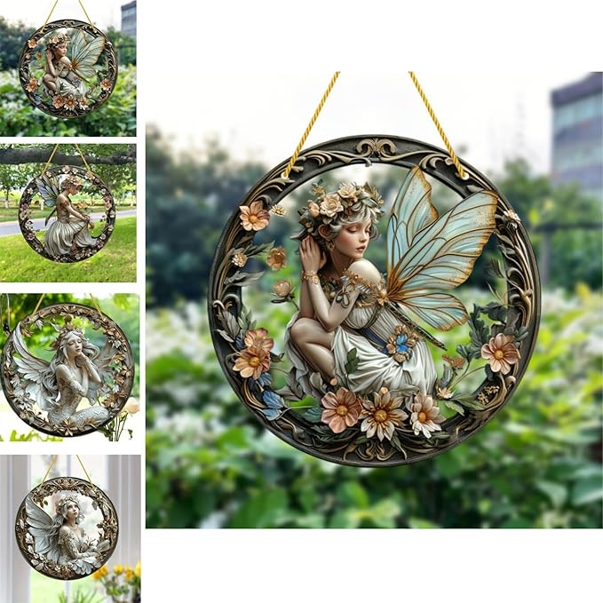 Flower Fairy Garden Decorations Angel Wing Christmas Halloween Deco Statue Art Elf Sculpture Hanging Craft for Outdoor Yard Courtyard Lawn Patio Window Acrylic Ornament Home Gift (A,S: 6*6 IN)-Ruum Studio Home