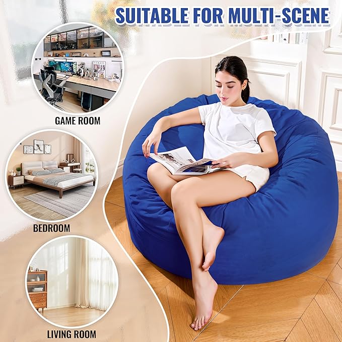 4FT Bean Bag Chair: Bean Bag with Velvet Cover, Fluffy and Comfy Bean Bag Chairs for Adults and Kids, Bean Bag Sofa Filled with High-Density Sponge for Gaming (Blue)-Ruum Studio Home