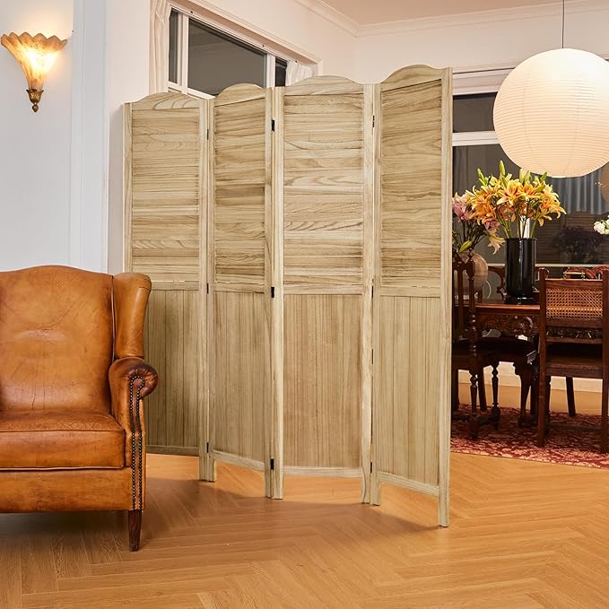 Room Partitions and Dividers, 68.9 Inch Temporary Wall with Double Hinges, Wooden Louver & MDF Stable Screens for Home Office Bedroom Coffeehouse Decoration (4 Panels, Wood Color)-Ruum Studio Home