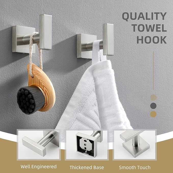 Angle Simple Bathroom Towel Hook 2 Pack, SUS304 Stainless Steel Bath Robe Holder, Modern Coat Hook Wall Mounted, Brushed Nickel-Ruum Studio Home