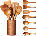 Wooden Spoons for Cooking - 8-Piece Wooden Kitchen Utensil Set made of Natural Solid Wood Material - Includes Spoons, Spatulas, Ladles, Strainer Spoon, Salad Fork, Mixing Spoon and Utensil Holder-Ruum Studio Home