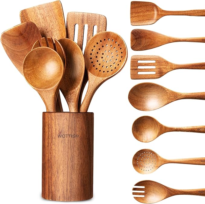 Wooden Spoons for Cooking - 8-Piece Wooden Kitchen Utensil Set made of Natural Solid Wood Material - Includes Spoons, Spatulas, Ladles, Strainer Spoon, Salad Fork, Mixing Spoon and Utensil Holder-Ruum Studio Home