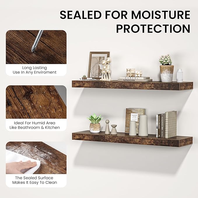 Floating Shelves for Wall, 48"W x 9.3"D x 1.5"H, Wooden Wall Mounted Display Shelf with Invisible Brackets for Living Room, Bedroom, Bathroom, Kitchen Decor and Storage, Set of 1, Rustic Brown-Ruum Studio Home