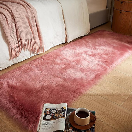 AMTOVO Faux Fur Rug, Blush Pink Ultra Soft Fluffy Shag Sheepskin Rug, 2 x 6 ft Runner Area Rugs for Bedroom Sofa Throw Cushion Room Decor, Rectangle-Ruum Studio Home