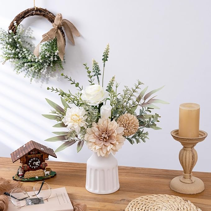 Fake Flowers in Vase, Artificial Flowers with Vase, 15.7'' Floral Arrangements for Dining Table Centerpiece Decor, Silk Roses & Faux Dahlia Bouquet for Farmfouse Kitchen Coffee Table Decor (Brown)-Ruum Studio Home
