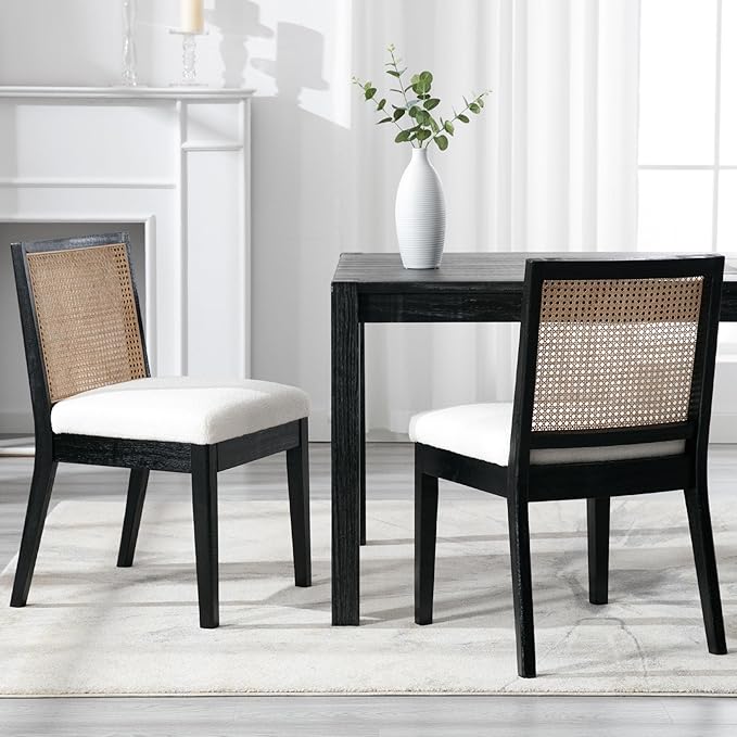 VESCASA Upholstered Dining Chairs with Square Rattan Back, Armless Padded Sherpa Fleece Cushion Dining Chairs with Wood Legs for Dining Room, Kitchen, Set of 2, Black Frame-Ruum Studio Home