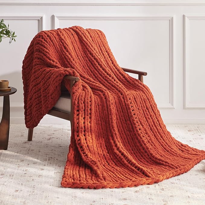 Chunky Knit Throw Blanket, 30''*40'' Fall Throw Blanket Knitted Chenille Yarn for Bed Couch, Handmade Orange Crochet Big Thick Blanket, Machine Washable Cute Comfy Blankets for Home Decor-Ruum Studio Home
