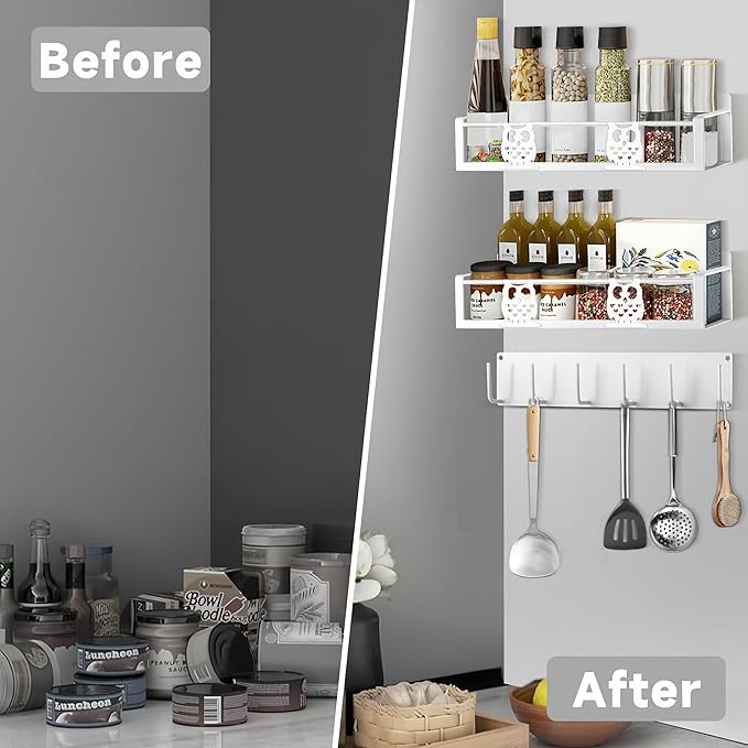 Magnetic Spice Rack,Magnetic Shelf for Fridge,Spice Organizer,Fridge Organizer,Kitchen Storage Organization with Magnetic Hooks,Owl Home Decor(White)-Ruum Studio Home