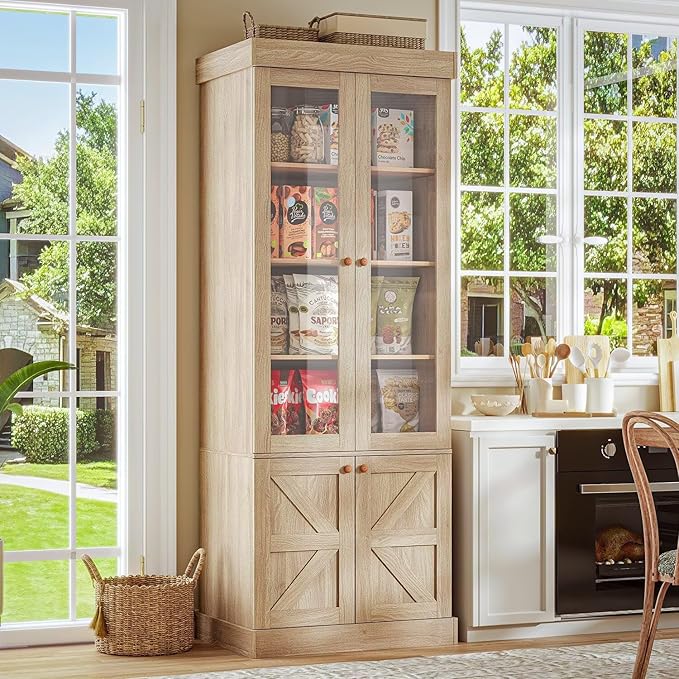 Vyre 71" Tall Farmhouse Bookshelves with Glass Doors, Set of 2 – Large Modular Bookcase with Adjustable Shelves, Storage Cabinet for Living Room, Kitchen, Home Office, Brown-Ruum Studio Home