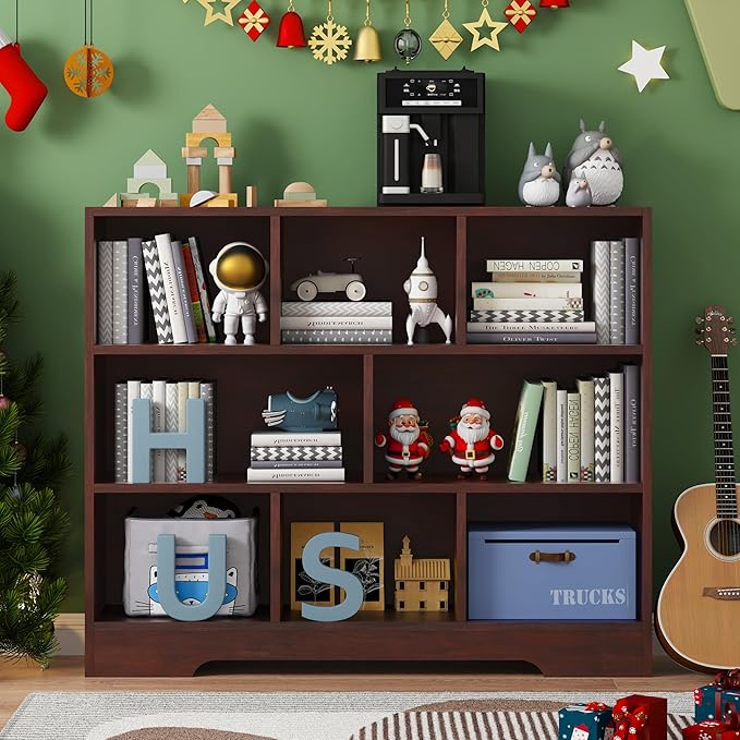 Book Shelf, 8 Cubes Storage Organizer, 3-Tier Open Shelf Wooden Bookcase, Freestanding Cherry Bookshelf Cube Shelf for Bedroom, Living Room, Home Office-Ruum Studio Home