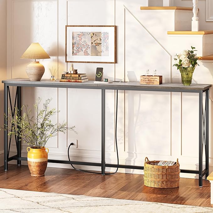 SUPERJARE 70 Inch Console Table with Outlets and USB-C Port, Extra Long Behind Couch Sofa Table with X-Shaped Design, Narrow for Entryway, Living Room, Metal Frame, Wooden Top, Grey-Ruum Studio Home