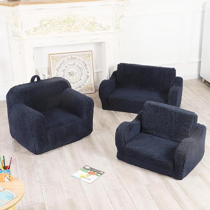 Kids Chairs for Toddler, 2-in-1 Toddler Soft Sherpa Couch Fold Out, Convertible Sofa to Lounger for Girls and Boys, Dark Blue-Ruum Studio Home