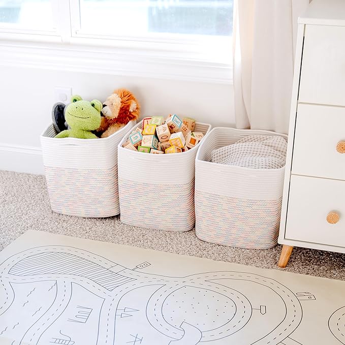 NaturalCozy 13x15x13 Kallax Storage Cubes Bins, 3 Pack | Cotton Rope Cube Storage Bin Woven Baskets for Organizing | Kallax Insert Storage Baskets for Shelves Organizer, Kids Toy, Closet Baby Nursery-Ruum Studio Home