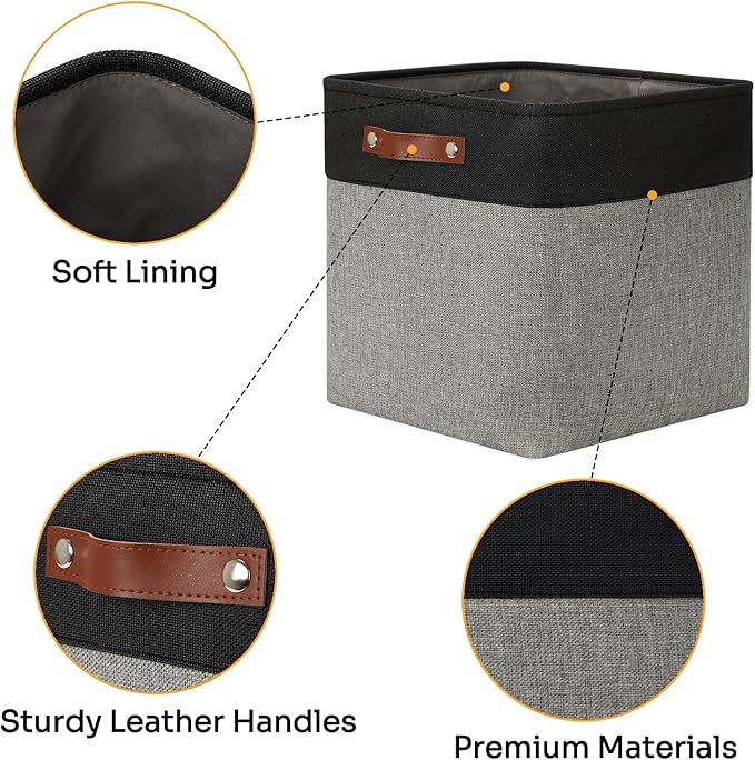 DULLEMELO Storage Bins for Organizing,Closet Storage Baskets for Gift Empty,Large Linen Canvas Storage Bins with Handles for Home Office Toys Shelves(Black&Grey, 13 inch Cube)-Ruum Studio Home