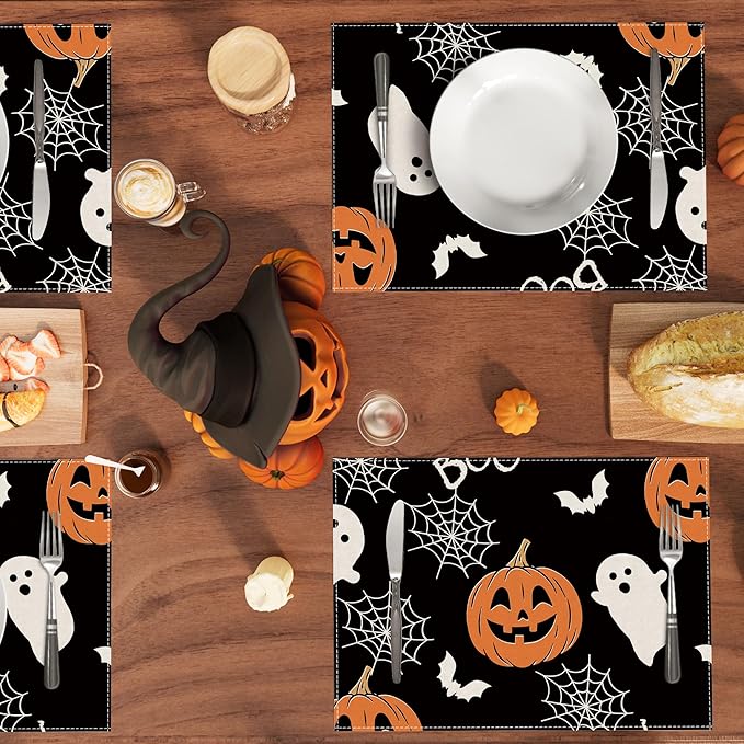 XCHI Boo Spooky Ghost Pumpkin Halloween Cloth Placemats Set of 6 Table Mats Table Decorations 12x18 Inch-Ruum Studio Home