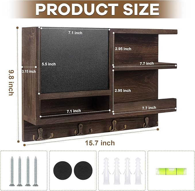 Key Holder for Wall, Mail Organizer Wall Mount with Key Hooks and Chalkboard & Mirror for Sunglasses Storage and Dog Leash Hanger, Decorative with 4 Double Hooks-Ruum Studio Home