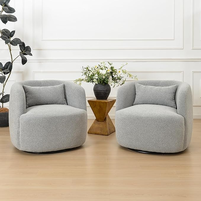 KINWELL 34" Wide Sherpa Swivel Barrel Chairs Set of 2, No Assembly Round Boucle Upholstered Accent Chairs Armchairs Single Sofa Chair with Toss Pillow for Living Room and Bedroom, Gray-Ruum Studio Home
