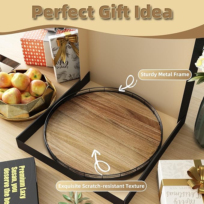 Acacia Wood 18" Lazy Susan Turntable Organizer for Table Top, Farmhouse Large Round Lazy Susan for Cabinet Kitchen Centerpieces Dining Table, for Condiments Charcuterie, Bathroom Vanity Tray Decor-Ruum Studio Home