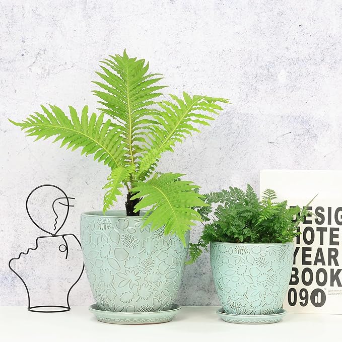 8 Inch + 6 Inch Plant Pots for Indoor Plants, Ceramic Planter with Drainage Hole and Saucers, Garden Pots for Succulent, Orchid, and Flower, Set of 2-Ruum Studio Home