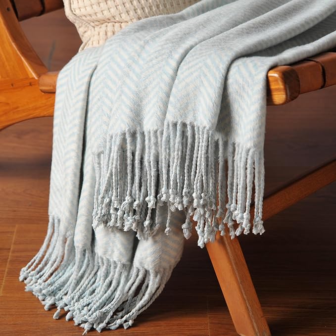 CUDDLE DREAMS Silk Throw Blanket with Hand-Knotted Fringe, Natural, Soft & Breathable (Herringbone Blue)-Ruum Studio Home