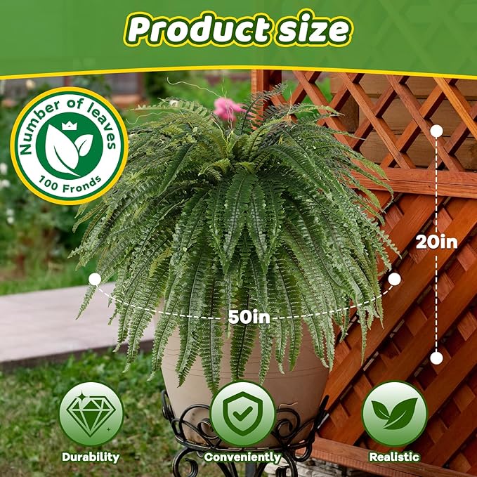 Single Silky 50" Artificial Fern Plant, Large Fake Fern with 100Fronds, Realistic Faux Boston Fern Bush for Outdoors & Indoor, Silk Greenery for Planter, Garden, Office, Home Décor-Ruum Studio Home
