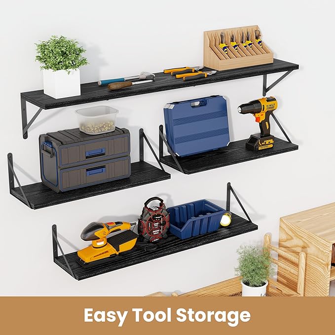 Heimlove 48 Inch Large Floating Bookshelves Set of 3,Black Wall Mounted Bookshelves,Heavy Duty Wooden Shelves for Living Room,Bedroom,Kitchen,Laundry Room Storage & Decor-Ruum Studio Home