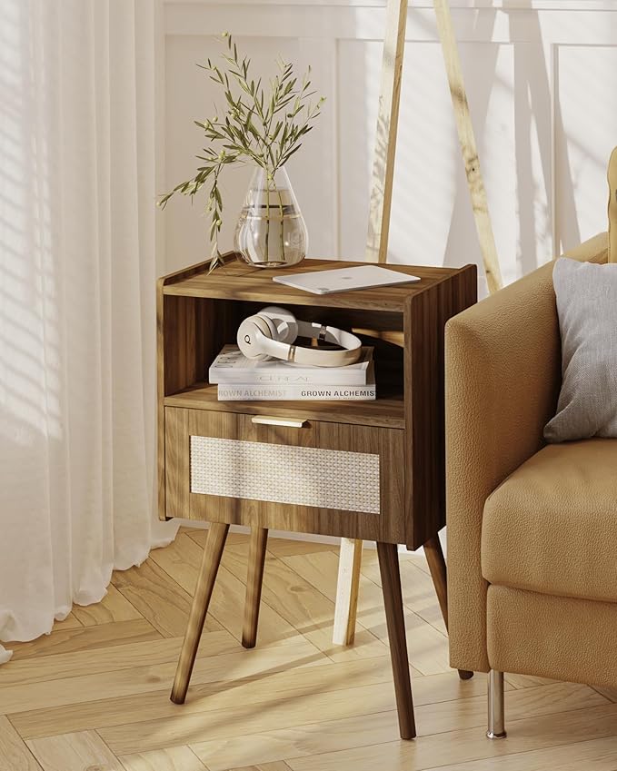 Rattan Nightstand,Modern Bedside Table with Storage Drawer and Open Wood Shelf, for Living Room, Bedroom and Small Spaces, Accent Night Stand with Solid Wood Legs, Easy Assembly,Walnut Brown-Ruum Studio Home