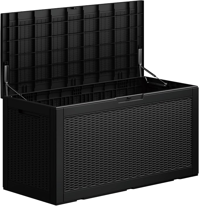 100 Gallon Double-Wall Resin Deck Box - Lockable Waterproof Outdoor Storage Box, 1000lbs Capacity & Doubles as Seating for Patio Furniture - Garden Tools, Pool Accessories (Black)-Ruum Studio Home