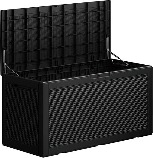 100 Gallon Double-Wall Resin Deck Box - Lockable Waterproof Outdoor Storage Box, 1000lbs Capacity & Doubles as Seating for Patio Furniture - Garden Tools, Pool Accessories (Black)-Ruum Studio Home