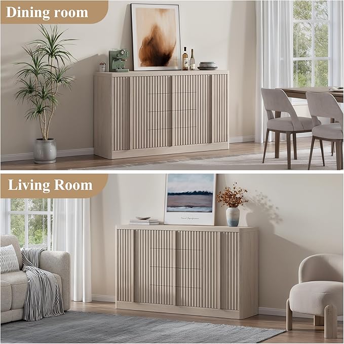 Buffet Cabinet with Storage, 60" Fluted Coffee Bar Cabinet with 4 Drawers & 2 Doors, Solid Wood Handle, Credenza Accent Storage Cabinet for Kitchen Living Dining Room, Natural Oak(1PCS)-Ruum Studio Home