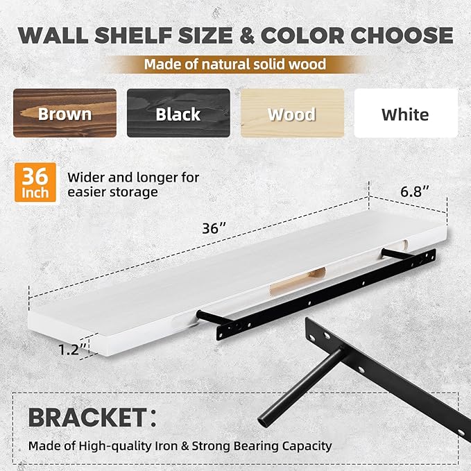 36"x6.8"x1.2" Solid Wood Floating Shelves 2-Pack - Rustic White Finish with Hidden Brackets, Perfect for Storage and Décor in Living Room, Kitchen, Bedroom-Ruum Studio Home