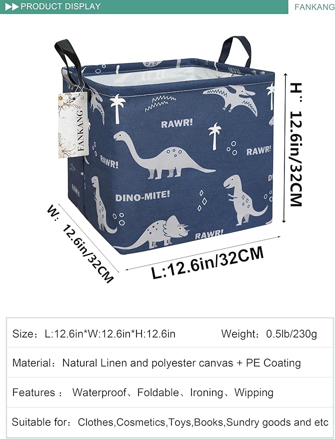 FANKANG Square Nursery Hamper Storage Bins Canvas Laundry Basket Foldable with Waterproof PE Coating Storage Baskets Gift Baskets for Children, Office, Bedroom, Clothes（Square-Blue dinosaur ）-Ruum Studio Home
