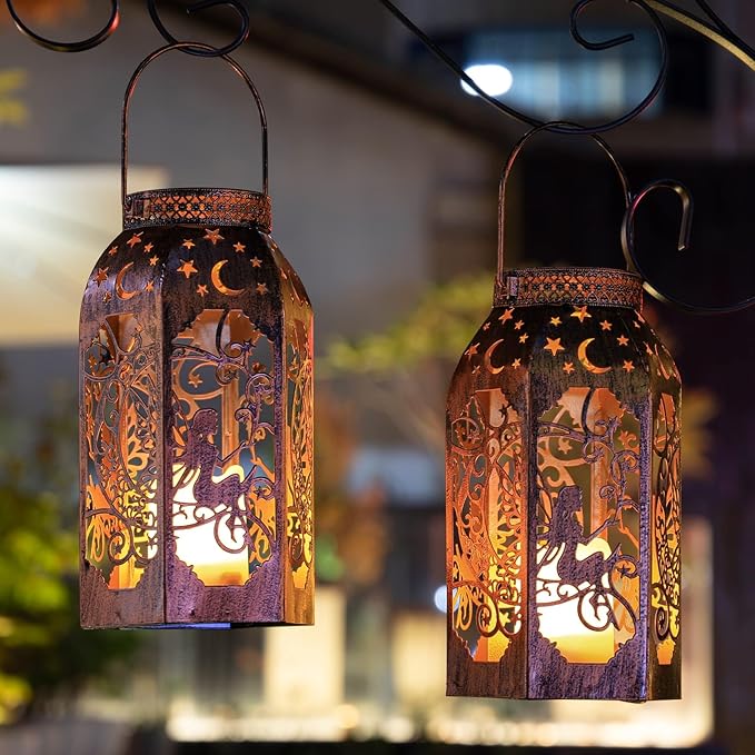 Solar Lanterns Outdoor Hanging Metal Bronze Moon Fairy Lantern, 1 Pack Waterproof Flickering Flameless Candle Mission Lights for Table,Pathway,Garden Gifts for Women, Mothers' Day Gift-Ruum Studio Home
