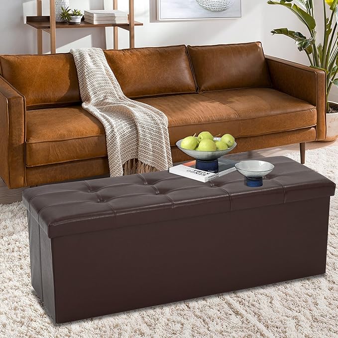 43 Inches Folding Storage Ottoman Bench, PU Leather Storage Chest, Footrest Padded Seat for Bedroom and Hallway, Holds up to 660 lbs, Brown-Ruum Studio Home