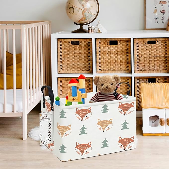 FANKANG Storage Bins, Nursery Hamper Canvas Laundry Basket Foldable with Waterproof PE Coating Large Storage Baskets for Kids Boys and Girls, Office, Bedroom, Clothes,Toys(Rec-Fox ）-Ruum Studio Home