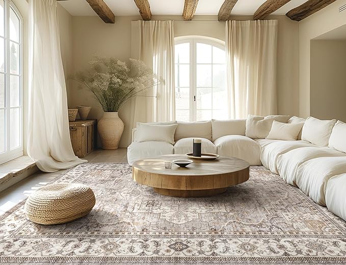 Washable Area Rugs for Living Room - 9x12 Neutral Vintage Distressed Floral Farmhouse Boho Large Soft Floor Rug Indoor Non Slip Carpet for Bedroom Dining Room Office - Grey Brown-Ruum Studio Home