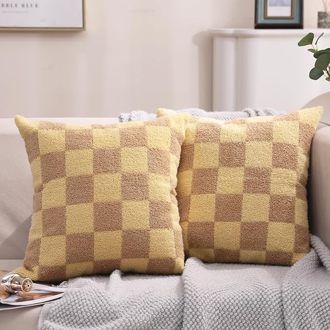Alysheer Checkered Embroidered Decorative Throw Pillow Covers 18"x 18" Set of 2, Farmhouse Cottage Cream Ivory Plaid Tufted Patterned Cotton Canvas Cushion Case for Sofa Couch Bed Living Room-Ruum Studio Home
