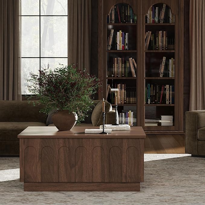 Lift Top Coffee Table with Storage, Mid Century Modern Coffee Table with Arched Design, 31.5" Square Tea Table with Wood Grain, Multifunctional Center Table for Living Room, Office, Walnut-Ruum Studio Home