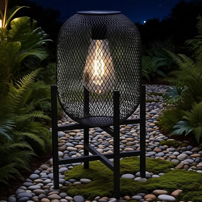 Solar Mesh Lantern Outdoor – 13.8" Tall Black Metal Patio Light with Edison Glass Bulb, Solar Powered Warm Glow LED, Waterproof IP65 for Garden, Porch, Deck, Tabletop Decor-Ruum Studio Home