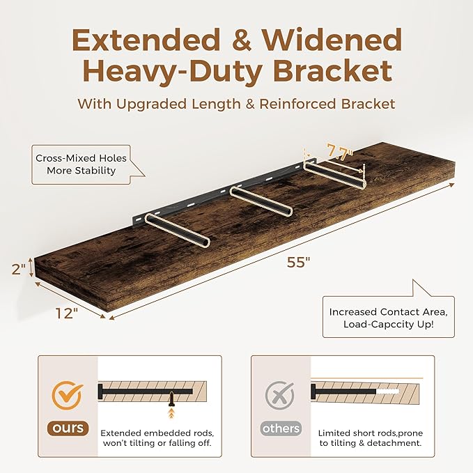 Floating Shelves 55 Inch Long, 55 x 12 Large Floating Shelf Wall Mounted, 12 Inch Wide Floating Shelves for Fireplace Mantel, 2" Thicked Storaged Shelves for Living Room, Bedroom, Rustic Brown, 1 Pack-Ruum Studio Home