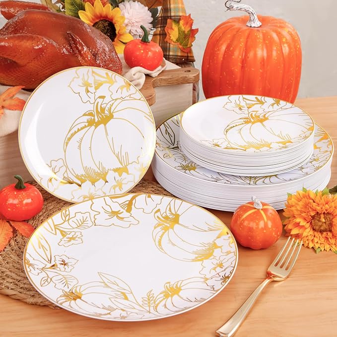 FLOWERCAT 60PCS Thanksgiving Plates & Gold Pumpkin Plates - Including 30PCS 10.25inch Thanksgiving Dinner Plates and 30PCS 7.5inch Thanksgiving Dessert Plates for Giving Thanks Theme Party-Ruum Studio Home