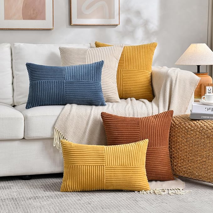 Fancy Homi 2 Packs Rust Lumbar Decorative Throw Pillow Covers 20x28 Inch for Couch Bed Sofa, Rustic Farmhouse Boho Home Decor, Soft Striped Corduroy Rectangle Accent Terracotta Cushion Case 50x70 cm-Ruum Studio Home