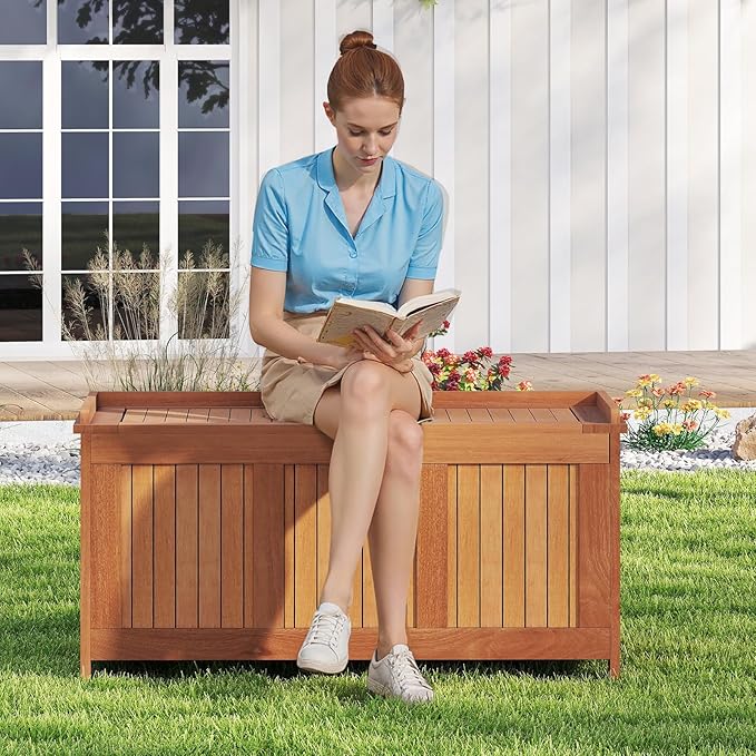 Tangkula 58 Gallon Wood Deck Box, 3-in-1 Patio Storage Bench Stool w/Flip Top for Cushions, Pool Supplies, Gardening Tools, Outdoor Container Chest for Garden, Backyard, Poolside-Ruum Studio Home