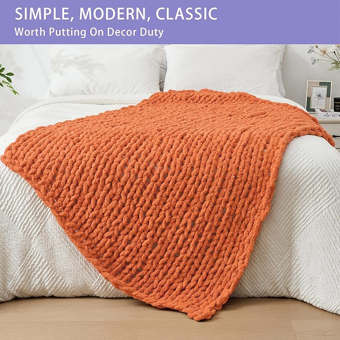 Bigacogo Chunky Knit Throw Blanket for Couch, 40x60 inches, 100% Hand Knitted with Thick Jumbo Chenille Yarn, Cozy Soft Large Rope Knot Cable Crochet Blankets for Sofa Bed Living Room, Terracotta-Ruum Studio Home