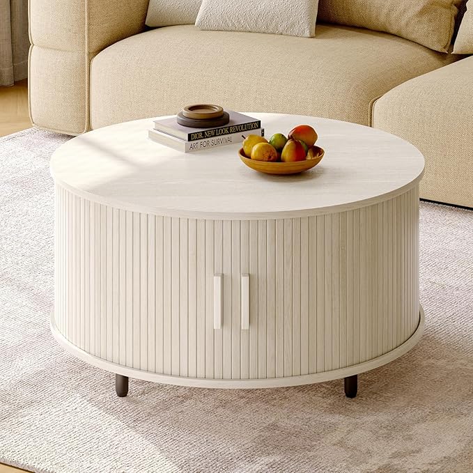 Round Coffee Table with Storage, 31.5" Modern Coffee Table with 360° Curved Sliding Door, Fluted Wood Coffee Table with Adjustable Footpads, Round Center Table for Living Room, Natural White-Ruum Studio Home