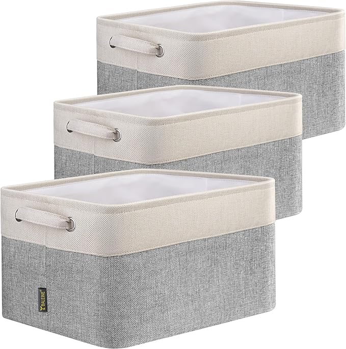 BALEINE 3 Pack Fabric Storage Bins for Shelves, Linen Storage Baskets for Organizing, Decorative Closet Bins for Clothes, Home (Grey, 12"x8"x8")-Ruum Studio Home